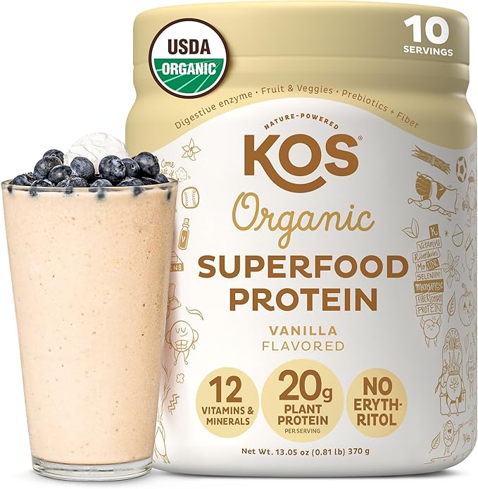 KOS Plant Based Protein Powder, Vanilla USDA Organic - Low Carb Pea Protein Blend, Vegan Superfood Rich in Vitamins & Minerals - Keto, Soy, Dairy Free - Meal Replacement for Women & Men - 10 Servings
