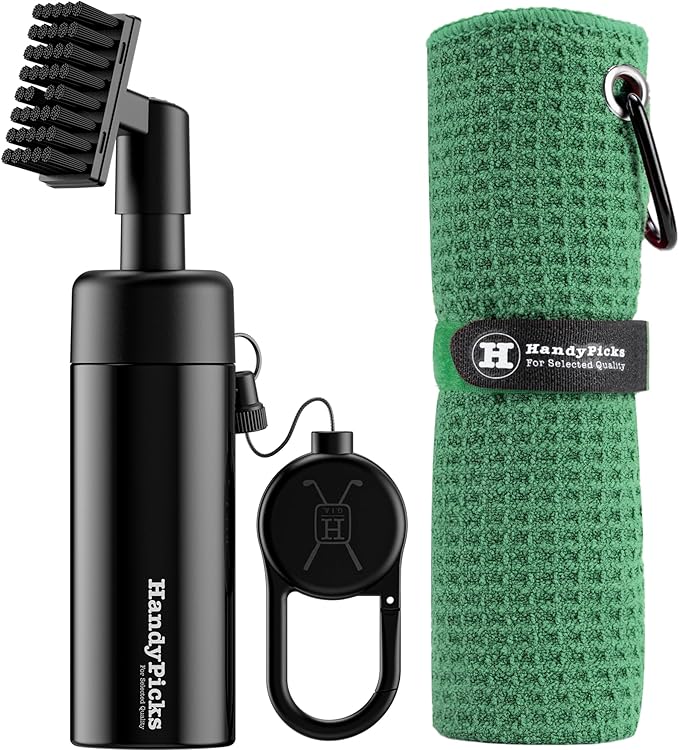 Handy Picks Golf Club Cleaner with Water Bottle Holds 5.5 OZ, Heavy Duty Metal Retractable Magnetic Clip, Waffle Microfiber Golf Towel, Ideal Water Brush Combo