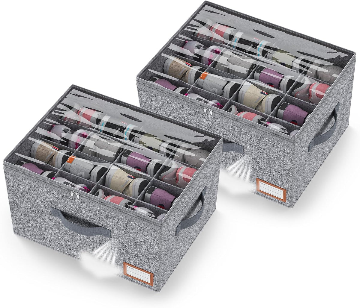 Adjustable Storage Bins for Closet, Wardrobe Clothes Organizer, Shoe Bin, Shoe Organizer, Toys, Closet Storage Solution with Clear Window (Felt Grey 32Pairs, 32Pairs)