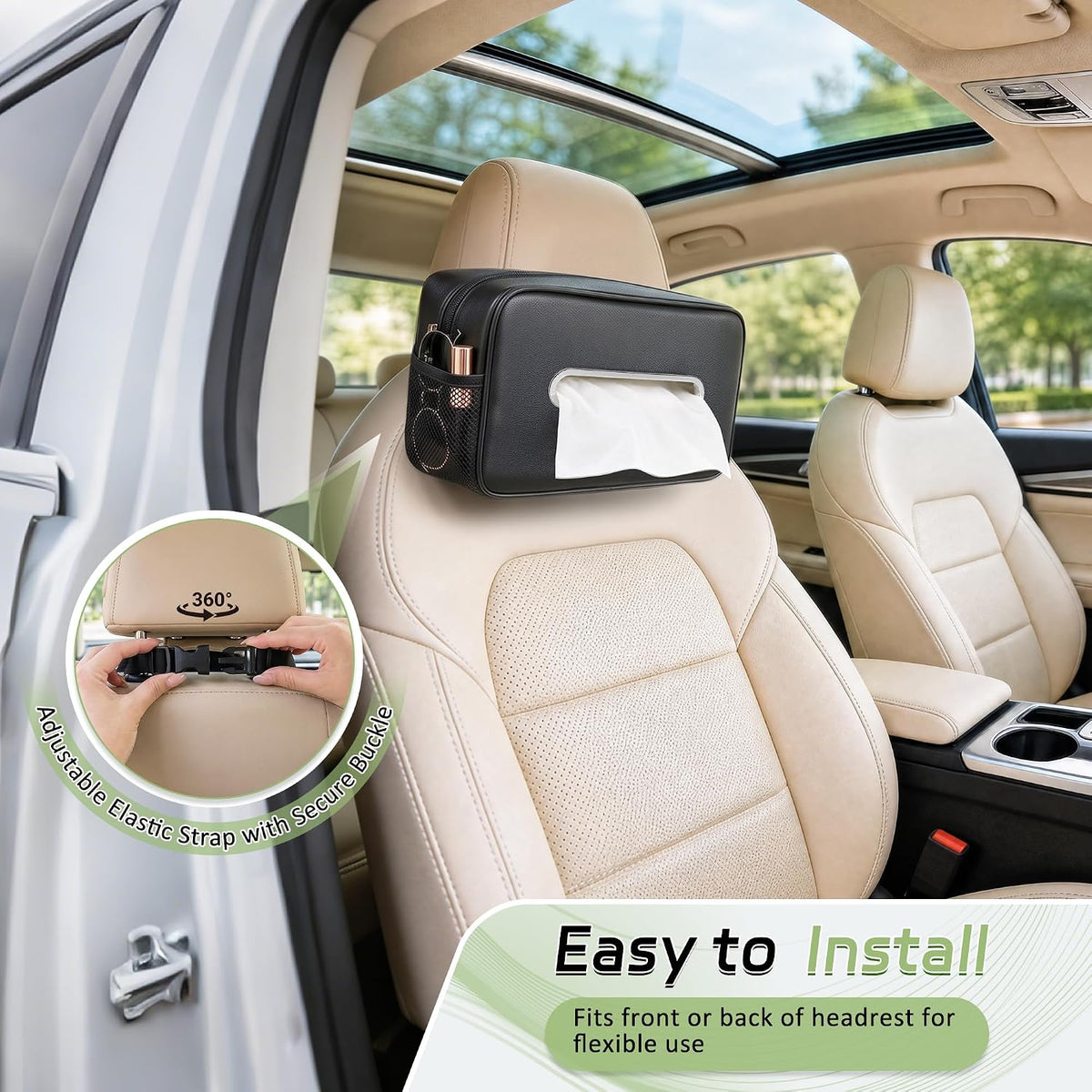 Car Tissue Box Holder PU Leather Car Organizer with Side Storage Pockets