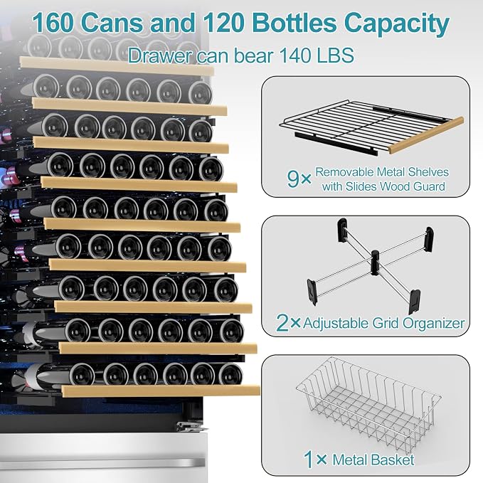 Wine and Beverage Refrigerator, 24'' Dual Zone Wine Fridge with Dual Drawers, Holds 160 Cans and 120 Bottles, Reversible Door, Built-In or Freestanding, Beverage Fridge for Home or Commercial