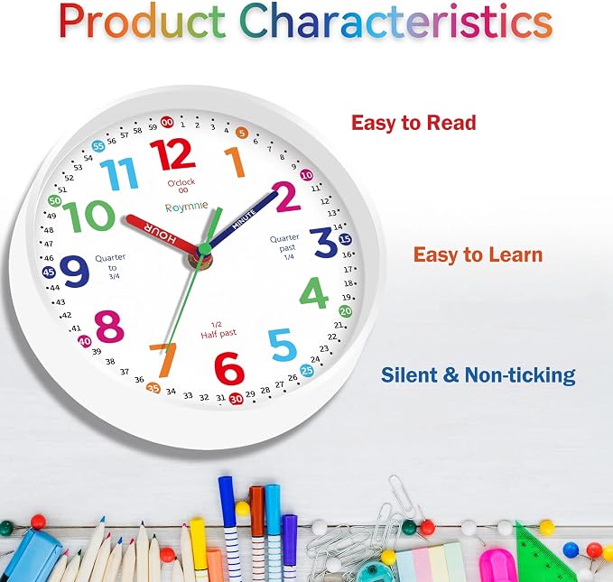 Roymnie Wall Clock 10 Inch for Kids Learning Kids Teaching Clock Analog Silent