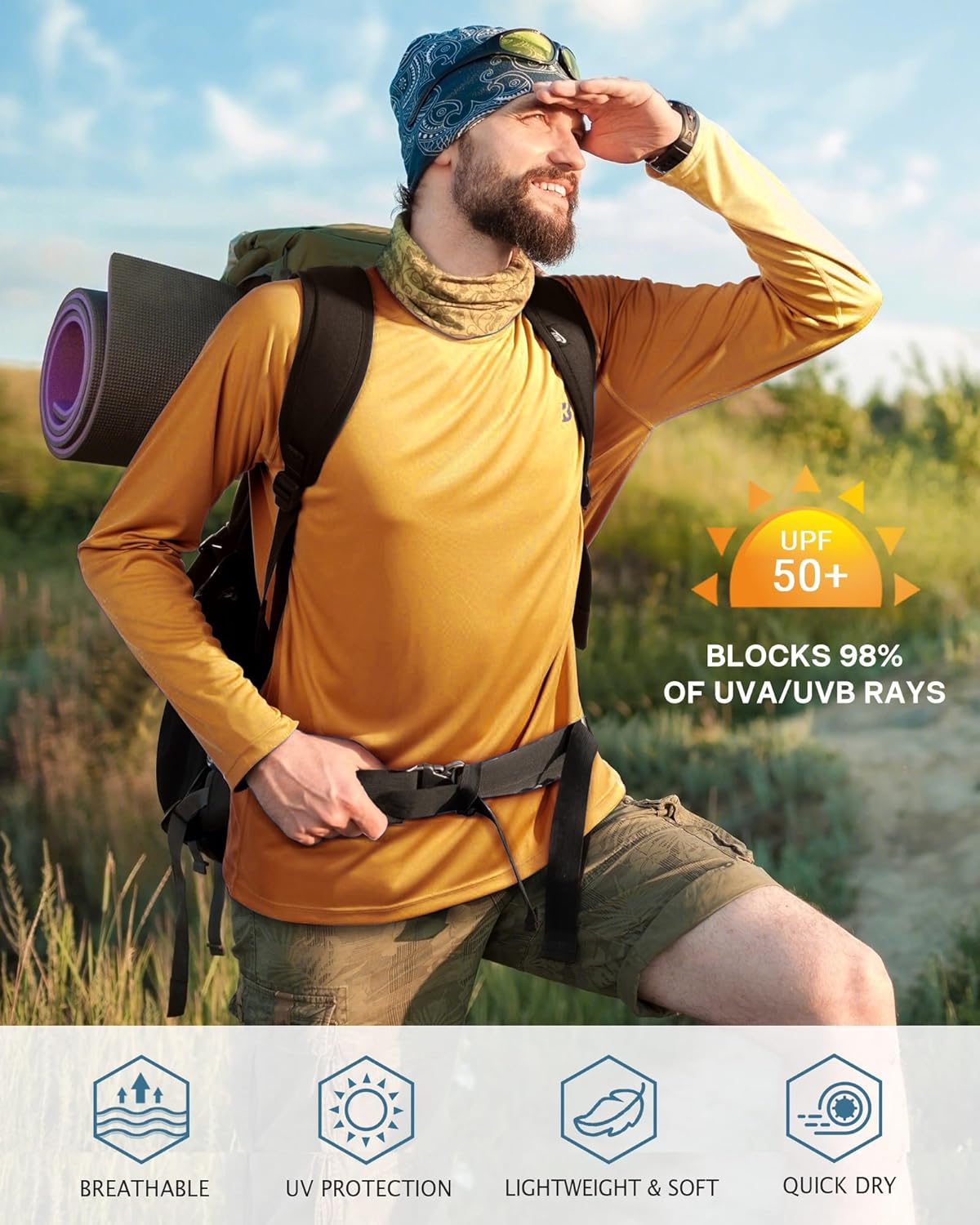 Roadbox Men's UV Sun Protection Shirt - UPF 50+ Long Sleeve Rash Guard for Fishing, Hiking, Swimming