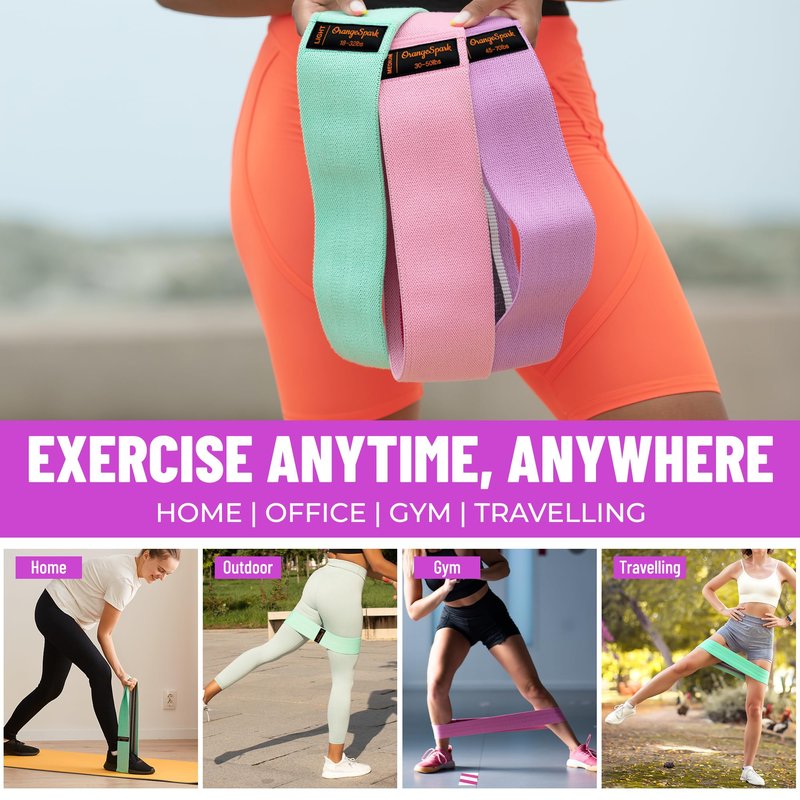 OrangeSpark Resistance Bands – Premium Workout Bands for Women & Men, 3-Piece Stretch Band Set for Glutes, Legs, Pilates & Strength Training (Pink)