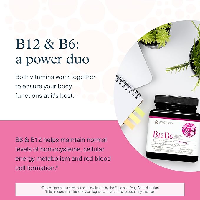 Youtheory B12B6 - Vegan Vitamin B6 & Vitamin B12 - Offers Brain Health, Energy & Immunity Support* - Dairy, Soy & Gluten Free - 60 Gummies