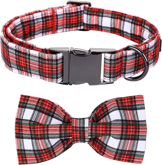 Christmas Dog Collar, Red Plaid Cotton Collars with Bow Adjustable Pet Collar Premium Metal Buckle, Christmas Puppy Necklace for X-Small Girl and Boy Dogs