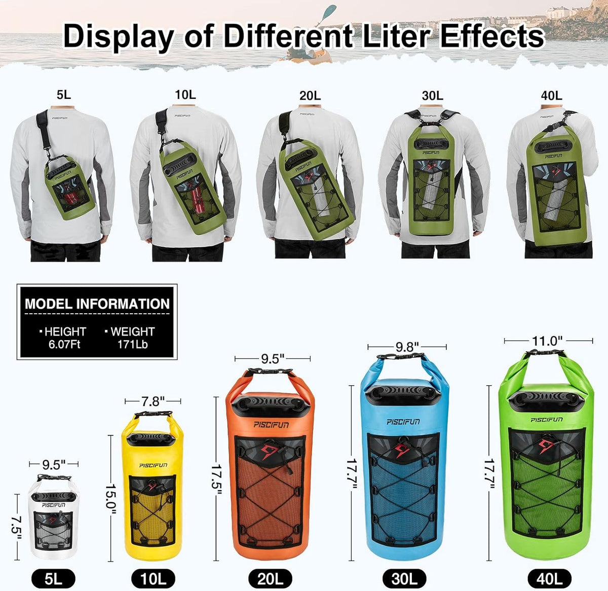 Piscifun Waterproof Dry Bag - Floating Backpack with Phone Case | 10L, 20L, 30L, 40L for Boating & Kayaking
