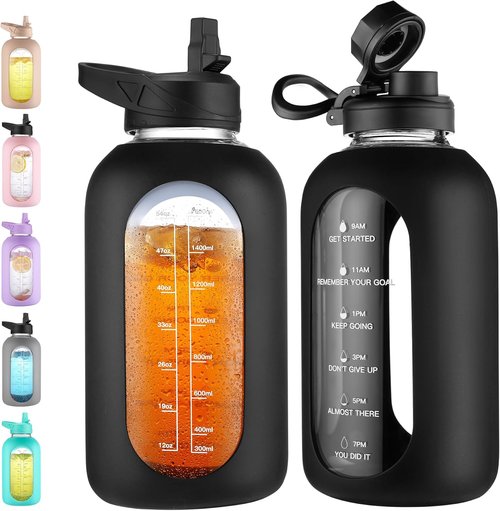 CIVAGO 64 oz Glass Water Bottle - Motivational Jug with Straw & Handle | Black Silicone Sleeve