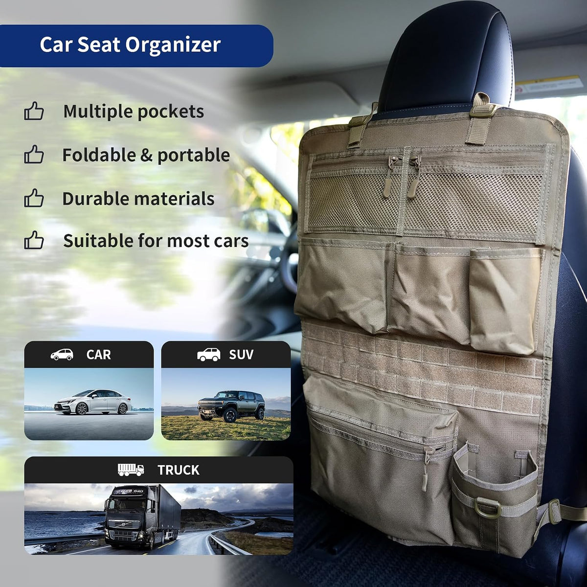 Backseat Car Organizer,Tactical Car Seat Back Organizer, Kick Mats Back Seat Protector with Three Zippered Storage pockets, Travel Accessories with 8 Storage Pockets And DIY zone (Sand Brown)
