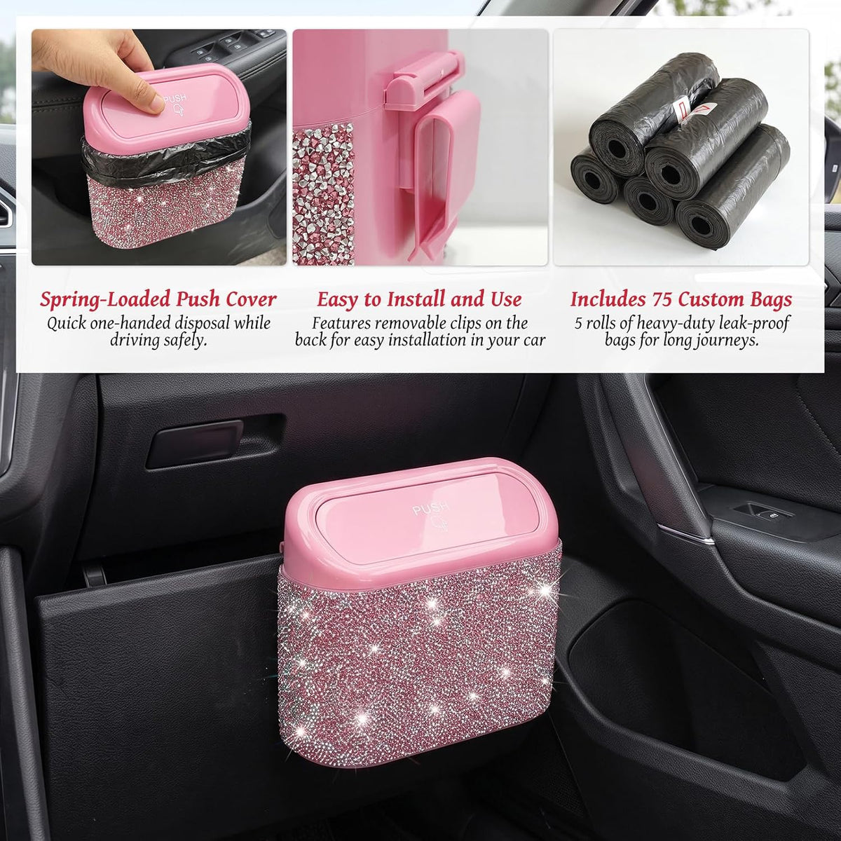 Handmade Crystal Rhinestone Bling Car Interior Accessories - (Pink & White)