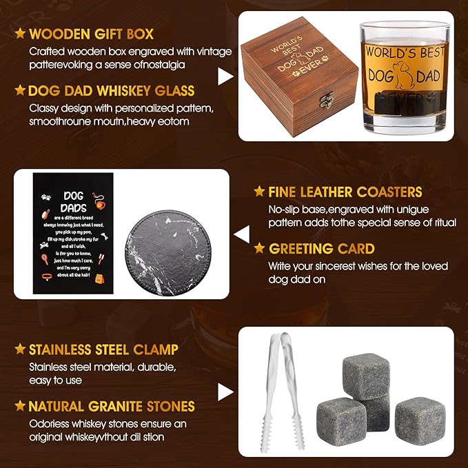Dog Dad Gifts, Best Gift for Dad, Gift with 12oz Whiskey Glasses, Stones, Coaster, Wooden Box for Dogfather