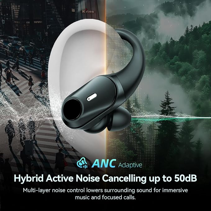 Active Noise Cancelling Ear Buds Wireless Earbuds 80H Playtime Bluetooth Headphones with LED Display Case, Hi-Res Audio Clear Calls Earphones with Over Ear Hooks for Running Gym Workout Travel Black