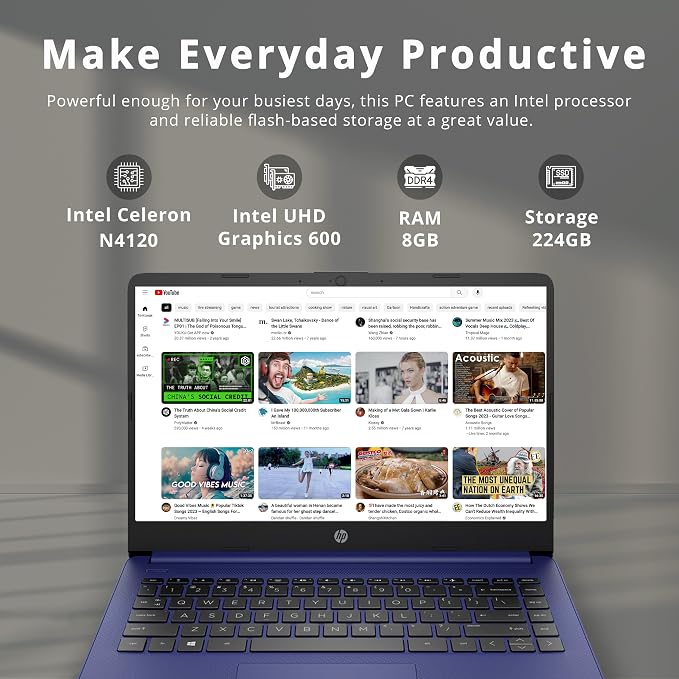 HP Stream 14″ HD Laptop for Students & Business, Intel Celeron Processor, 8GB RAM, 224GB Storage (64GB eMMC + 160GB Docking Station Set), UHD Graphics, 1 Year Office 365, 720p Webcam, Win 11, Blue