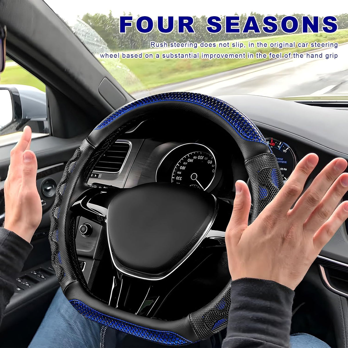D-Shaped Steering Wheel Cover, Leather Car Wheel Protector with 3D Honeycomb Anti-Slip Design, Universal Breathable Comfy Cover Fits 14.5-15 Inch Steering Wheels, Car Accessories (Blue)
