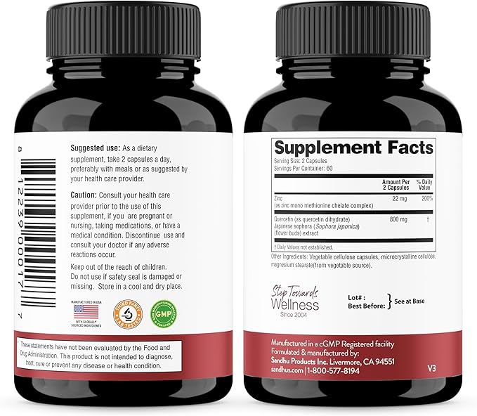 Sandhu’s Zinc Quercetin 120 Vegetarian Capsules – Zinc Supplements for Antioxidant Immune Support for Men and Women – Gluten, Soy, Dairy Free