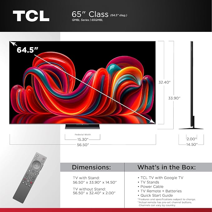 TCL 65 Inch Class QM8L Series | SQD-Mini-LED QLED Smart TV | 65QM8L, 2026 Model | 144Hz | Ultimate Color Brightness & Contrast | Google AI Bang & Olufsen | Voice Control Gaming Streaming Television