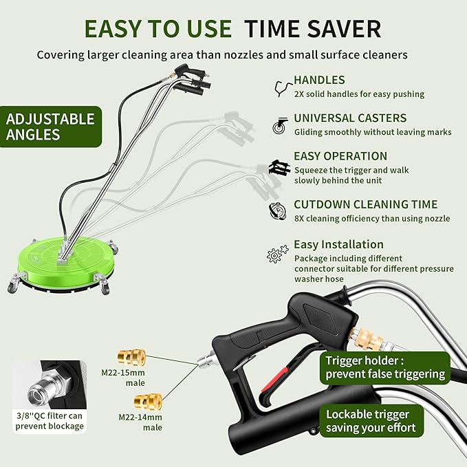 24“ Pressure Washer Surface Cleaner with 4 Wheels - Coated Green Dual Handle Stainless Steel Surface Cleaner for Pressure Washer Attachment for Concrete, Patio, Sidewalk, Deck and Driveways - PWS24G