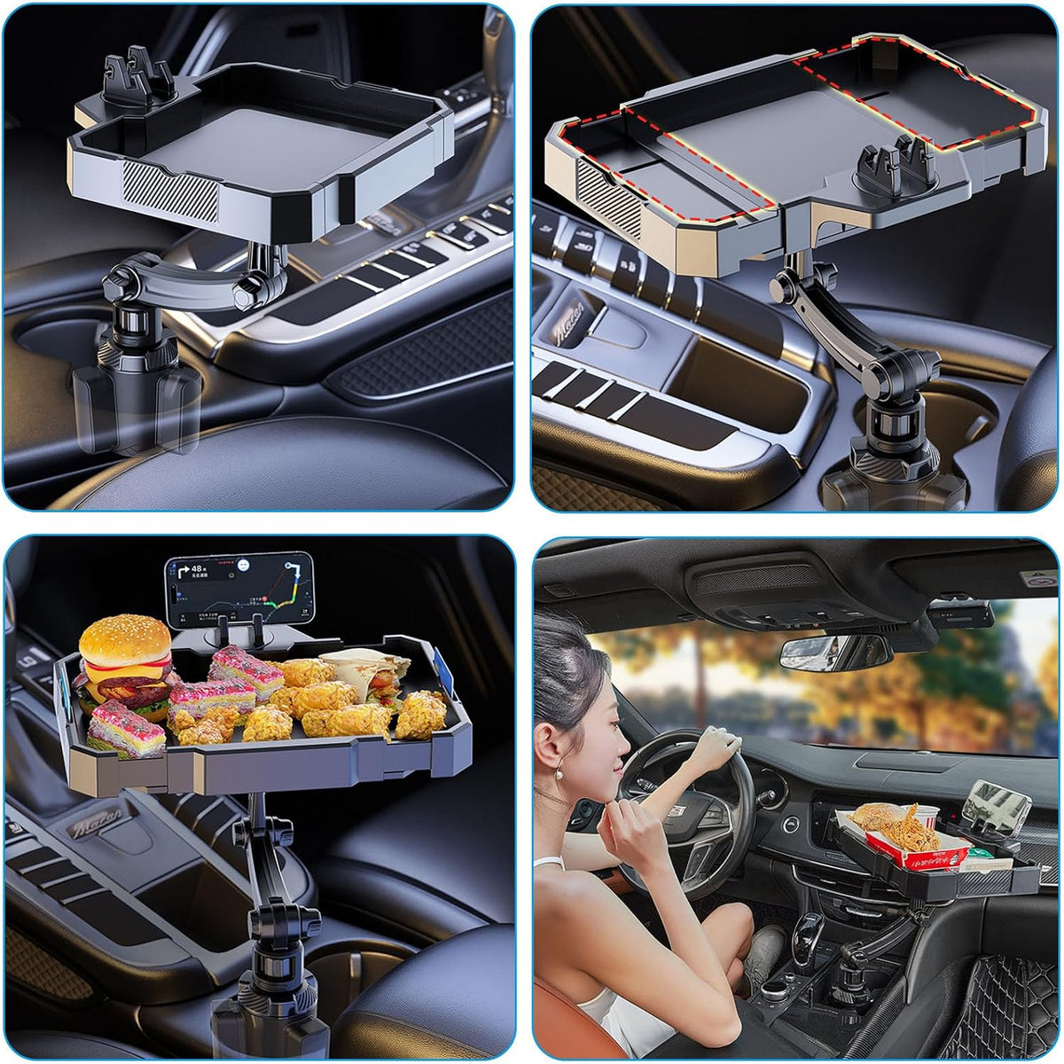 7.9-9.8in Expandable Car Cup Tray, 360 Rotating w/Phone Holder for RV Truck