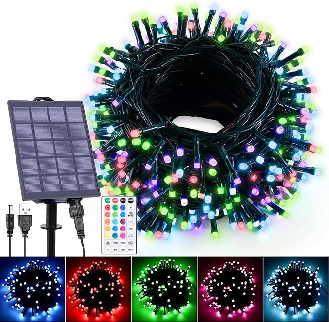 59Ft Solar String Lights Outdoor Waterproof, 18 Colors Changing 150 LED Christmas Lights Solar Powered & USB with Remote, Multicolor Fairy Lighting for Outside Tree Yard Indoor Halloween Decor