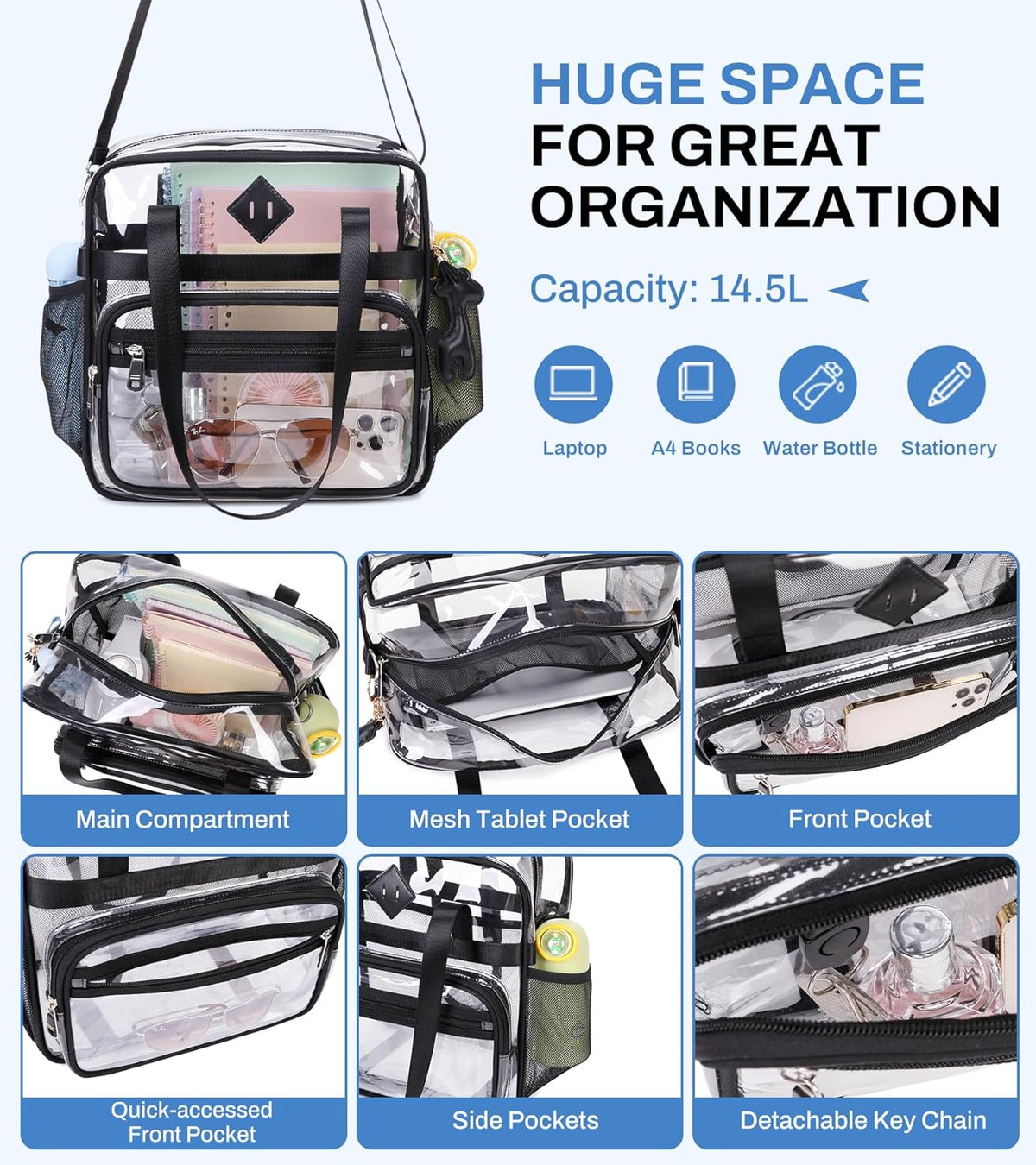 PIG PIG GIRL Clear Tote Bag - 12x6x12 See-Through Stadium Bag for Women | Stylish & Functional