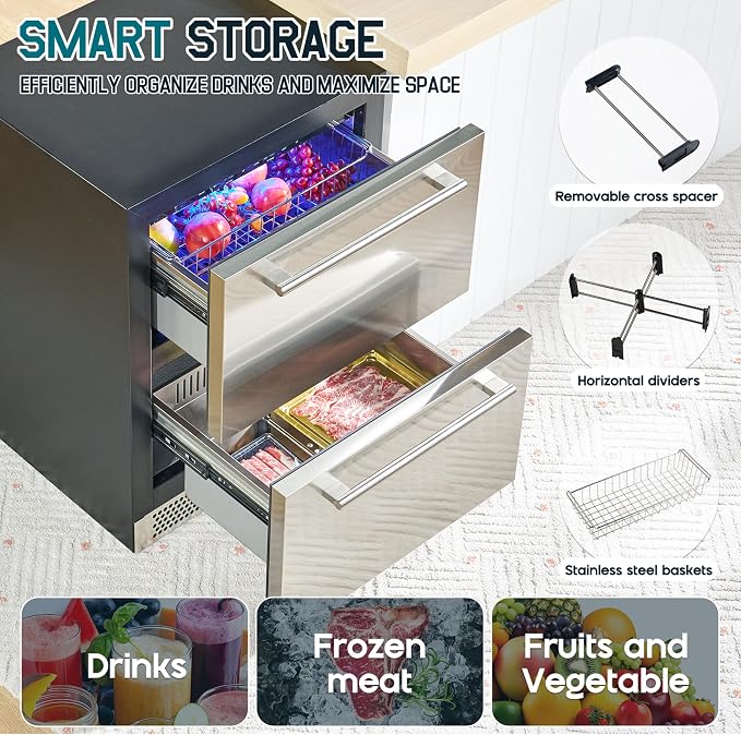 Albott 24 Inch Under Counter Drawer Fridge, Dual-Zone Beverage Refrigerator | Stainless Steel Design, LED Touch Control, Adjustable Storage, Frost-Free, Low Noise, 34℉-68℉, -0.4℉ to 32℉