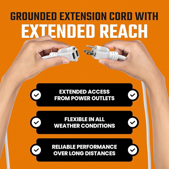Outdoor Extension Cord Waterproof 10 Ft, White, Indoor, Outdoor Power Cord, Heavy Duty 16/3, Single Outlet, UL Listed, 3-Prong, Grounded Outlet, Extension Wire.
