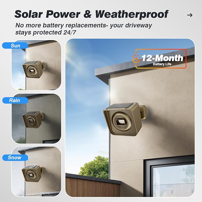 Solar Driveway Alarm Wireless Outside 1/2 Mile Long Range, 3 Sensitivity &