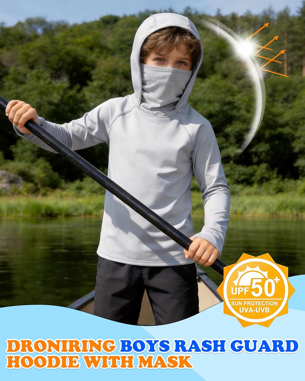 Skiennix Boys Hooded Fishing Shirt - UPF 50+ Long Sleeve Rash Guard Hoodie for Sun Protection
