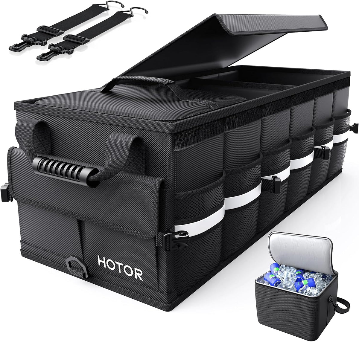 HOTOR Car Trunk Organizer - Trunk Organizer for SUV with Removable Cooler Bag, Foldable Cover, 3 Compartment Car Storage Essential Car Accessories for Truck, Van & Sedan, Blue, 33.1" x 12.6" x 11.0"