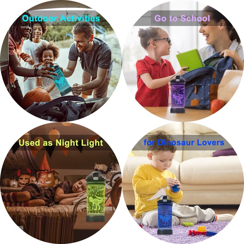 YuanDian Dinosaur Water Bottle, Light Up Boy Drinking Cups with 3D Dinosaur Night Light- 14 OZ Tritan BPA Free Eco-Friendly - Cool Jurassic Merchandise Gift for School Kids Boy Girl