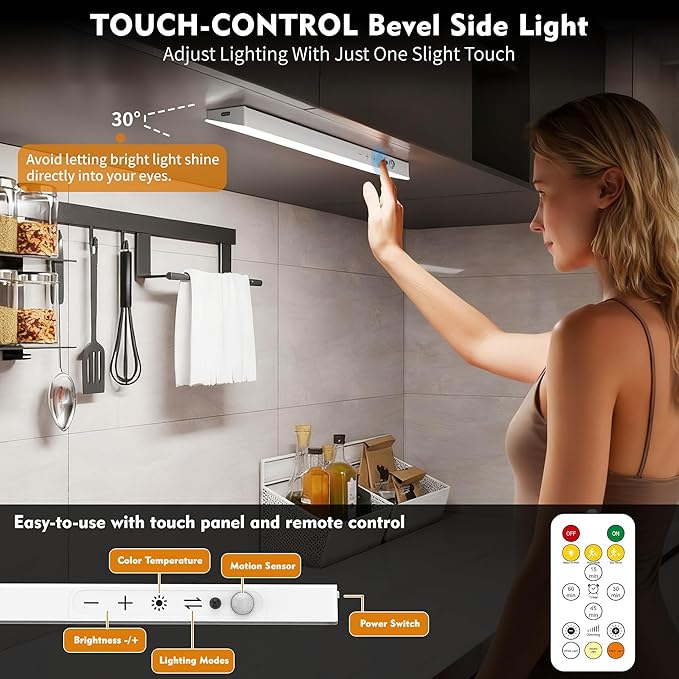 1Pack Touch Control Under Cabinet Lighting, 160LED Super Bright, 4000mAh Long-Lasting, Magnetic Rechargeable Motion Sensor Under Counter Lights for Kitchen, Closet, Remote, Dimmable, 3CCT丨White