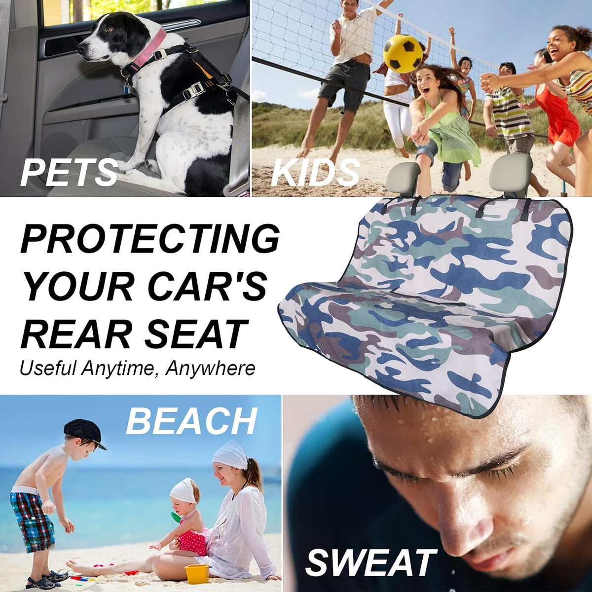 Sweat Towel Car Seat Cover Protector Front Seats for Gym Workout, Running, Swimming, Beach and Hiking, Waterproof Universal Seat Cover for Car, Trucks, Van & SUV (1, Camouflage, Rear Seat)