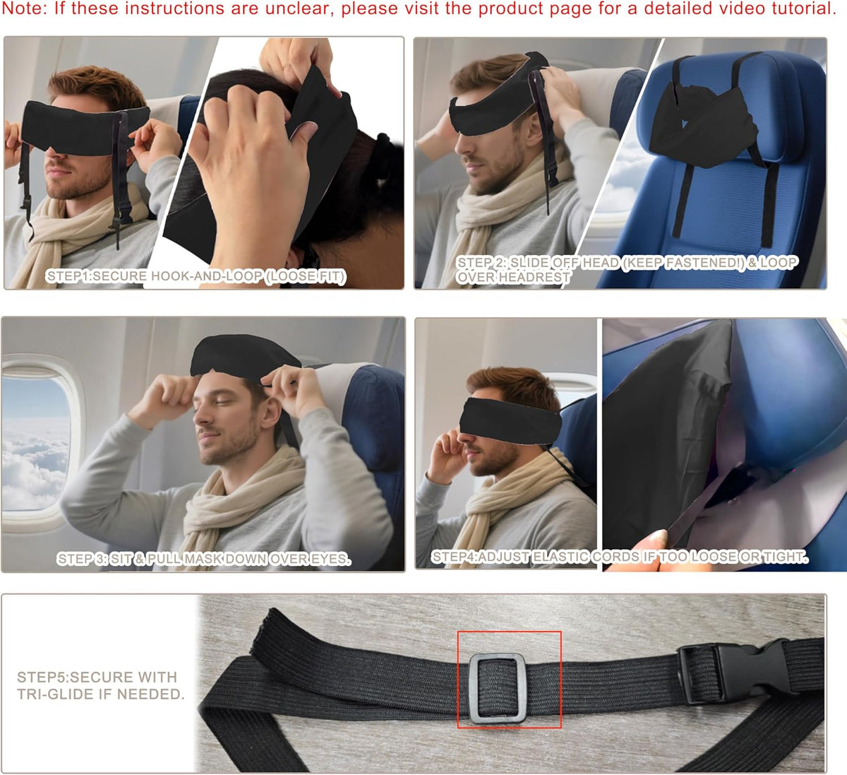 Travel Pillows for Airplanes, 2 Pack Airplane Head Strap with Silk Eye Mask for Sleeping, Long Flights & Car Road Trips 360°Headrest Neck Support, Stops Bobbing, Small & Compact (Black)