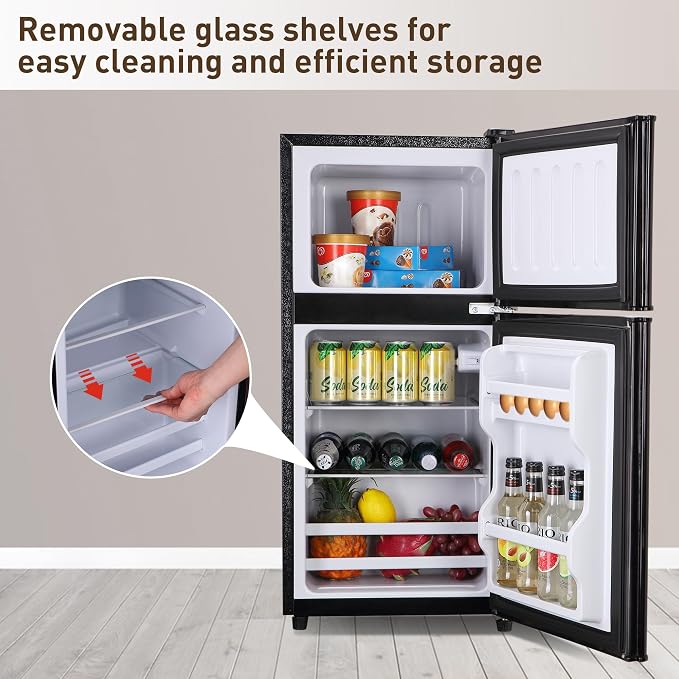 Mini Refrigerator with Freezer 3.5 Cu. Ft. Small Fridge with Freezer Black | 2 Door Mini Fridge with 7-Level Adjustable Thermostat Removable Shelves, Compact Refrigerator for Office/Dorm/College/RV