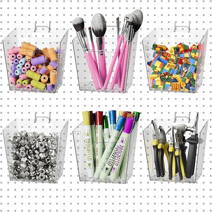 G.CORE Large Pegboard Cups Peg Board Storage Bin 6 Pack with Hooks, Square Box Shape Pegboard Cup Holder Accessories for Garage Workbench/Craft Room/Office/Playroom/Home Kitchen Organization (Clear)