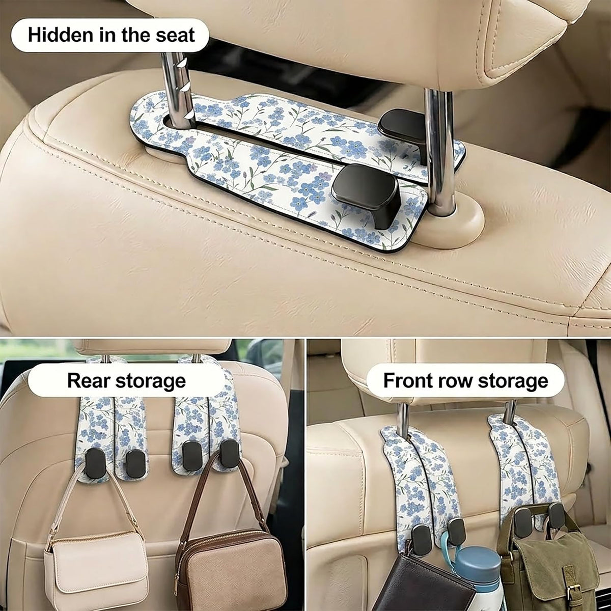 Cute Blue Floral Car Seat Headrest Hooks for Purses & Bags