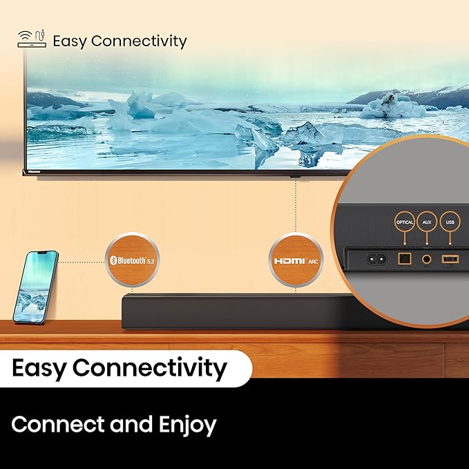 Hisense HS5100 5.1ch Soundbar with Wireless Subwoofer, Dolby Audio, DTS Virtual:X, Rear Surround Speakers, Center Speaker, HDMI ARC, Bluetooth 5.3, Remote Control
