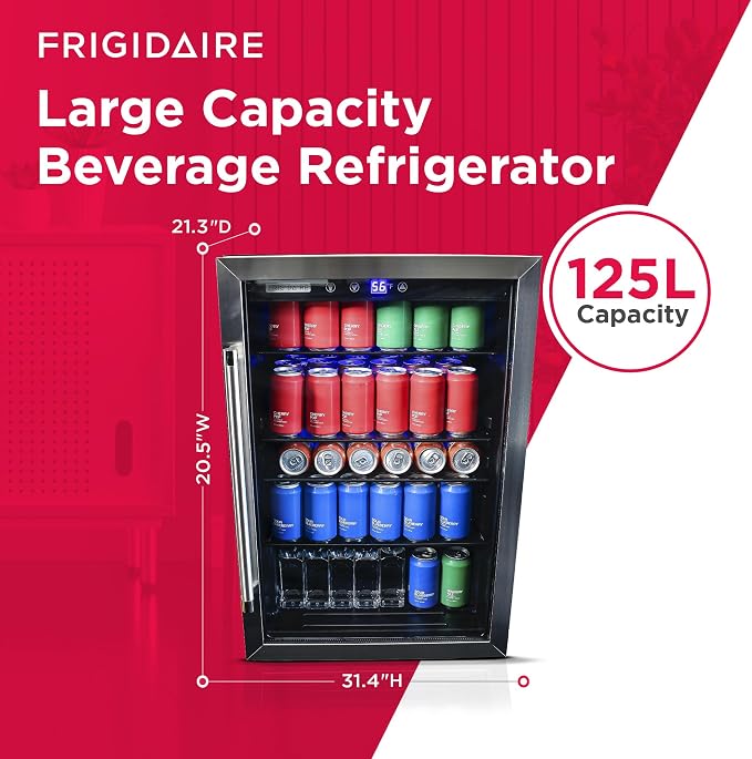 Frigidaire Beverage Refrigerator, Fridge with Glass Door, Compact Mini Fridge with Digital Temperature Control, Fits 115 Cans or 34 Bottles, 96L Capacity - 19.1" D x 17.5" W x 31.2" H