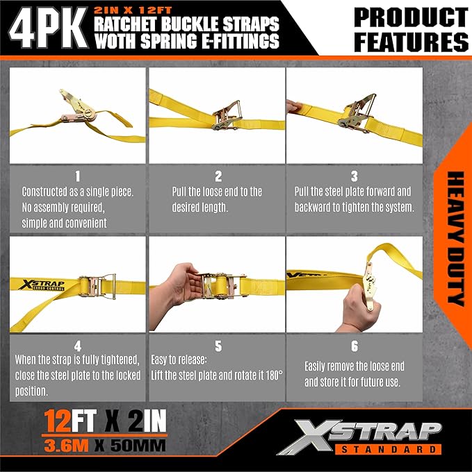 XSTRAP STANDARD E-Track Ratchet Straps, 4 Pack 2" x16' Heavy Duty Cargo Tie-Downs, 4400LBS Breaking Strength, Standard E Track Fitting Tie Down Ratcheting Strap for Cargo Vans, Trucks, Trailers (Grey)