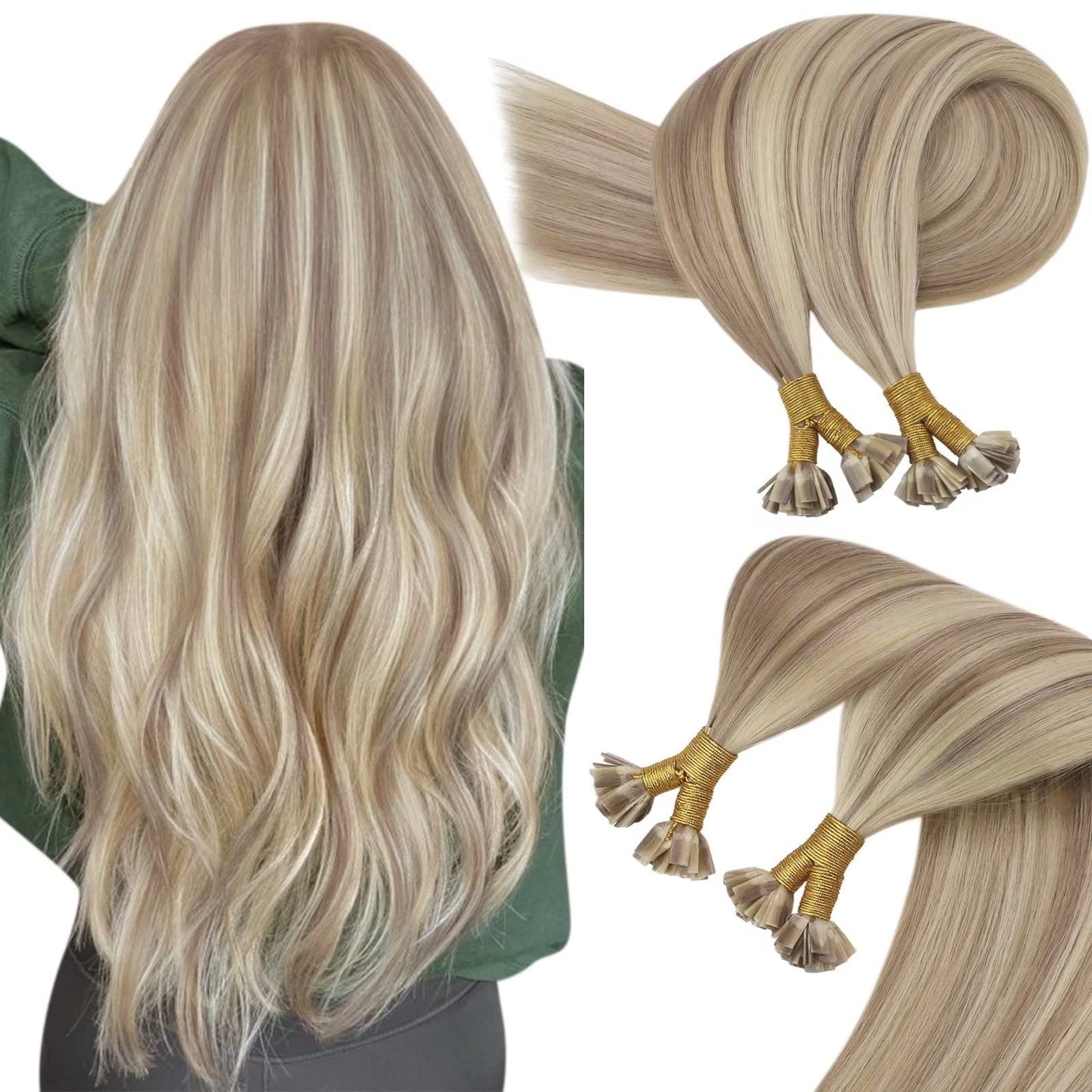 Sunny Hair Flat Tip Hair Extensions Golden Blonde Keratin Tip Hair Extensions Human Hair Ash Blonde Highlight Golden Blonde Flat