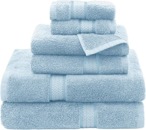 COTTON CRAFT Ultra Soft 6-Piece Towel Set | Luxury 100% Cotton - Quick Dry, Absorbent - Light Blue