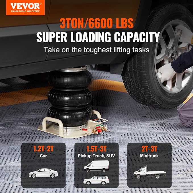 VEVOR Air Jack, 3 Ton/6600 lbs Triple Bag Air Jack, Airbag Jack with Six Steel Pipes, Lift up to 17.7 inch/450 mm, 3-5 s Fast Lifting Pneumatic Jack, with Side Handles for Car, Garage, Repair