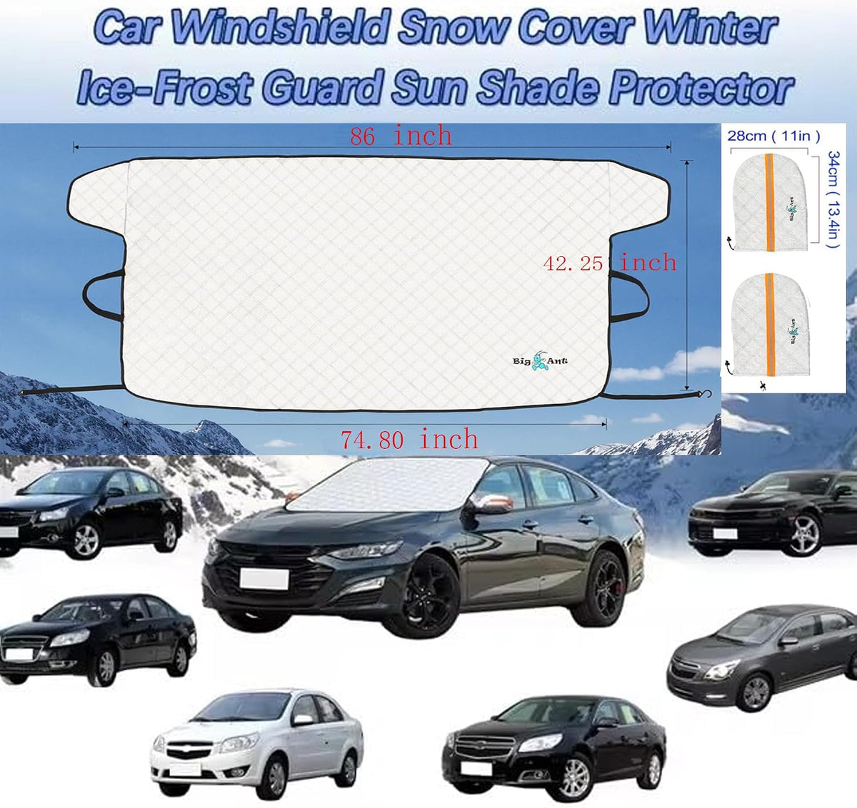 Big Ant Windshield Cover for Ice and Snow Sunshade- Universal Windshield Cover Fit for Car, SUV, Truck, Winter Frost Protector for Ice & Snow, Includes 2 Side Mirror Covers, XL White