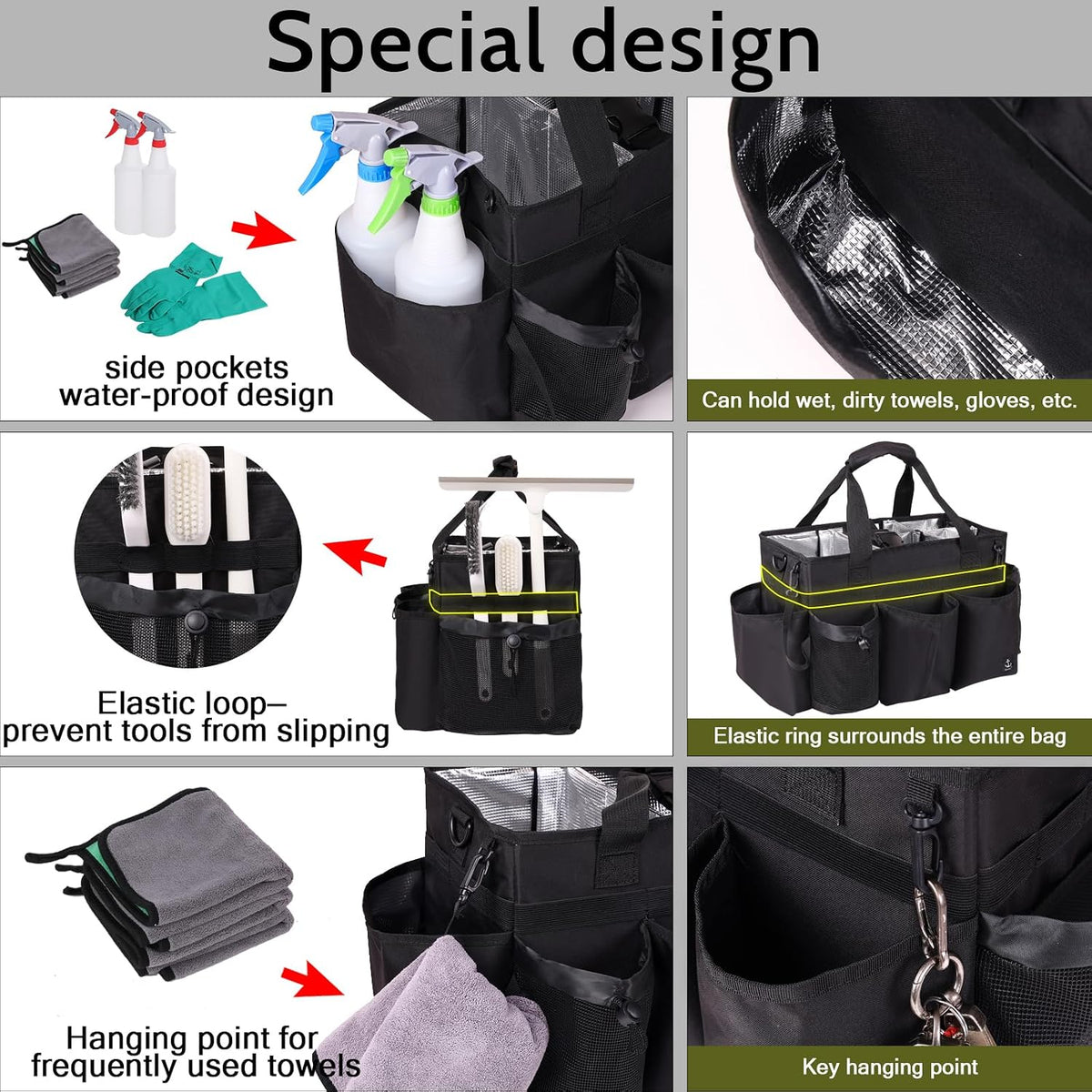 Large Wearable Cleaning Caddy Bag with Detachable Divider, Cleaning Organizer with Handles, Cleaning Supply Tote with Adjustable Shoulder Strap&Waist Belt for Cleaners & Housekeeper (Black)