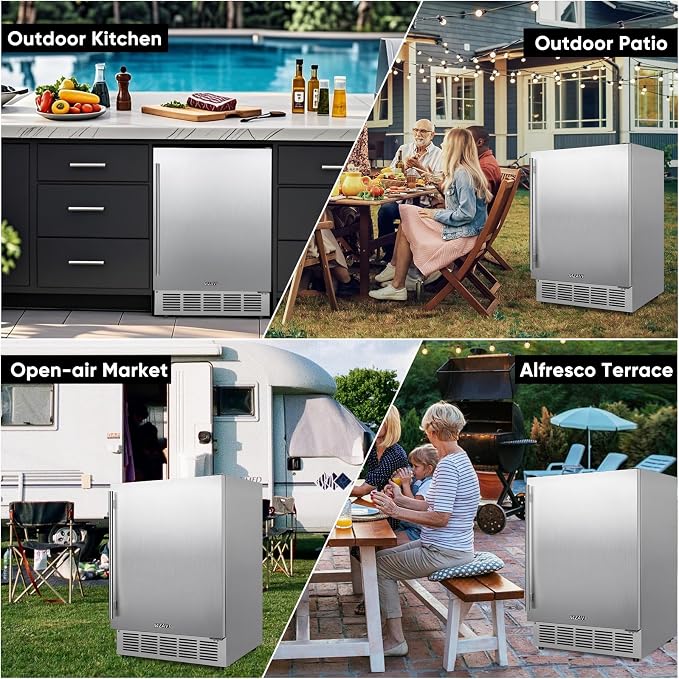 24 Inch Outdoor Beverage Refrigerator, Stainless Steel Outdoor Fridge 180 Can Under Counter Built-in/Freestanding, Waterproof, Fast Cooling, Low Noise - Outdoor Refrigerator for Home and Patio