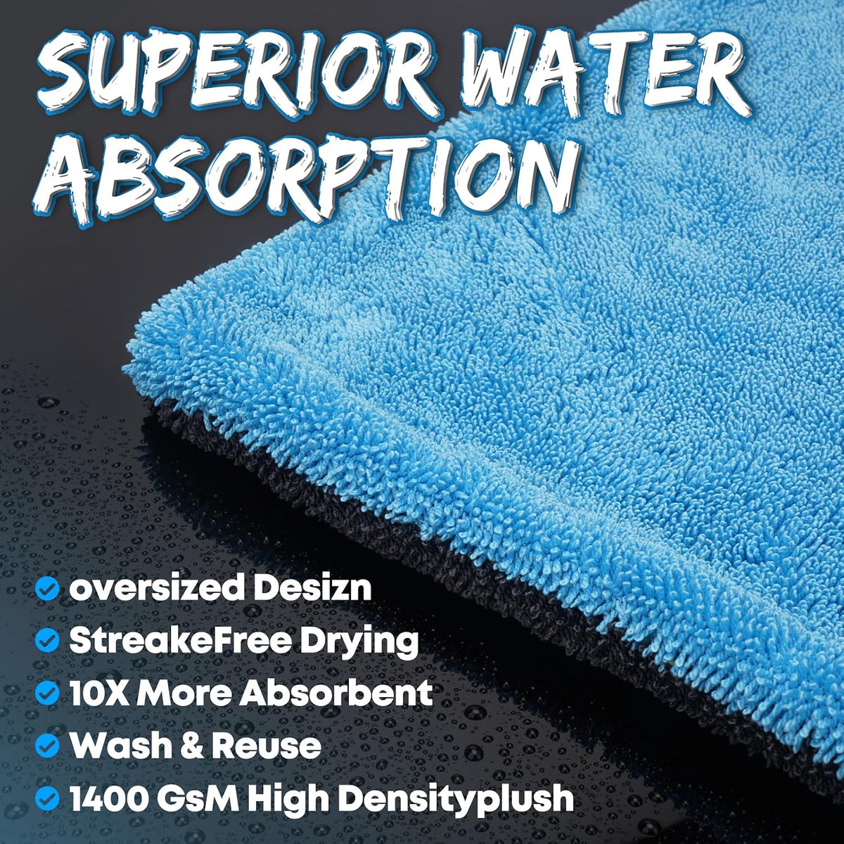 Metyond 48”x24” Car Drying Towel for Full-Sized SUV, Dual Sided Microfiber Car Cleaning Towel with Twisting Yarn Technique, 1400GSM Super Absorbent Scratch-Free, Machine Washable (Dark Gray - Blue)