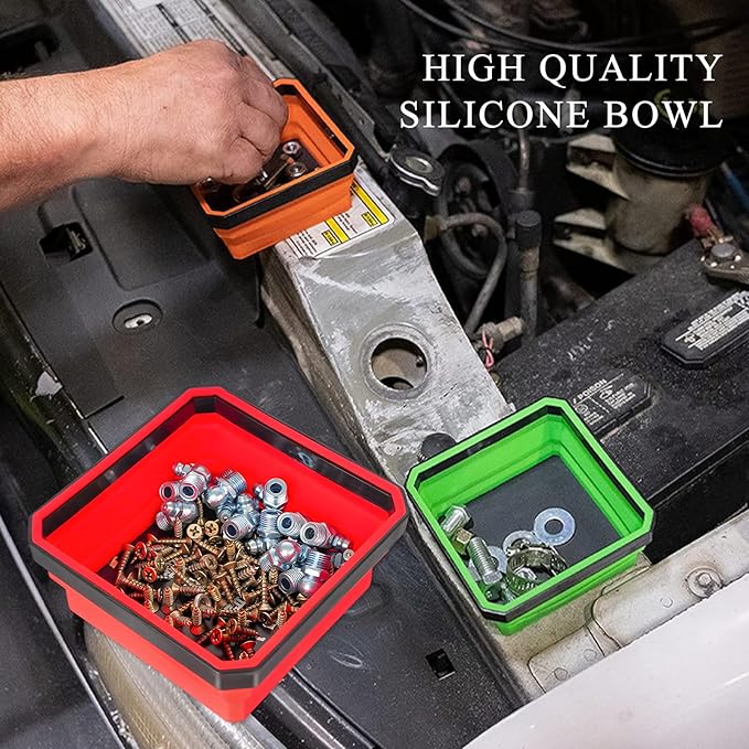 Collapsible Magnetic Parts Tray, 4.5" Square Silicone Tool Tray with Dual-Sided Magnetic Base, Foldable Small Metal Parts Organizer Storage Bowl for Screws Bolts Nuts Washers (Red)