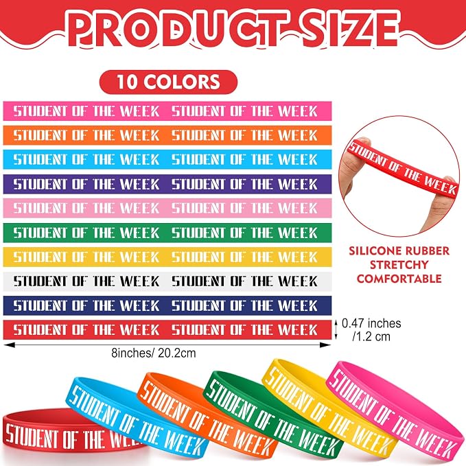 100 Pcs Student of the Week Silicone Wristbands 10 Assorted Color Reward Rubber