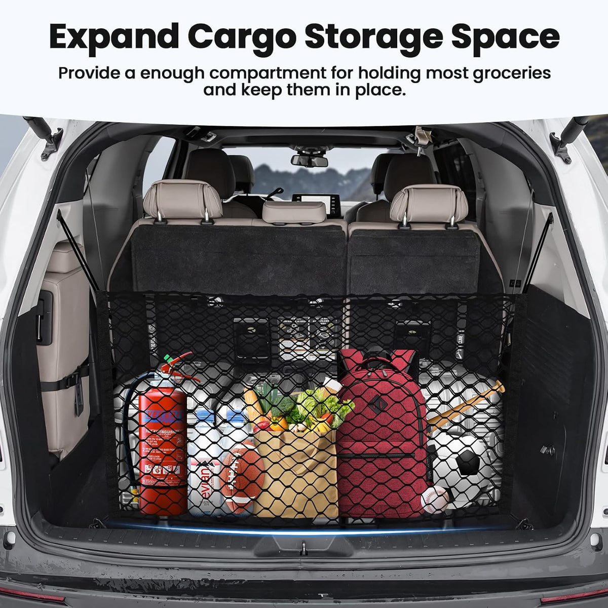 Canvcle Trunk Cargo Net for Toyota Sienna 2021-2025 2026 Accessories Envelope Style Mesh Trunk Net Organizer and Storage Stretchable Adjustable Elastic Nylon Rear Cargo Netting with Hooks