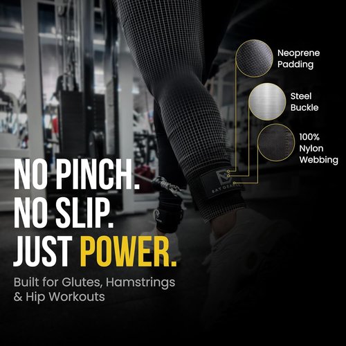 Bay Gear Co. Ankle Straps - Neoprene Padded for Comfortable Glute Workouts | Adjustable Fit, Slick Black D-Ring